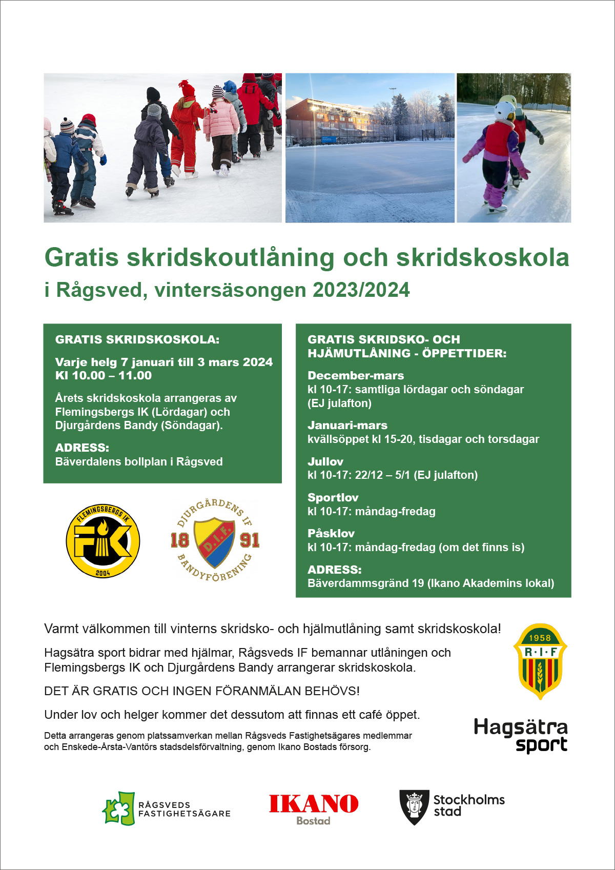 Gratis skridskoskola och skridskoutlåning i Rågsved vinter 23-24