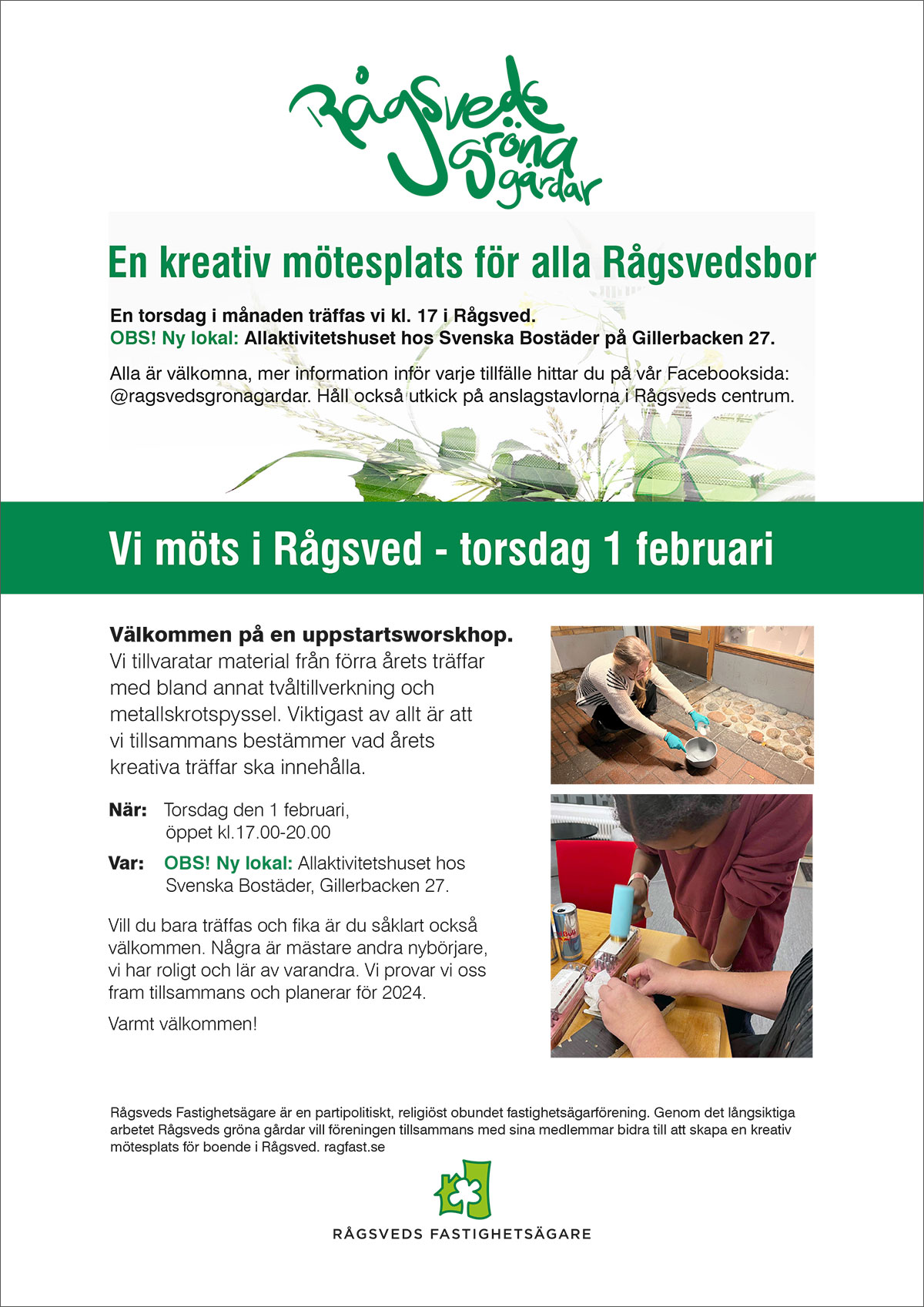 Inbjudan till kreativ träff med Rågsveds Gröna gårdar 1 februari 2024