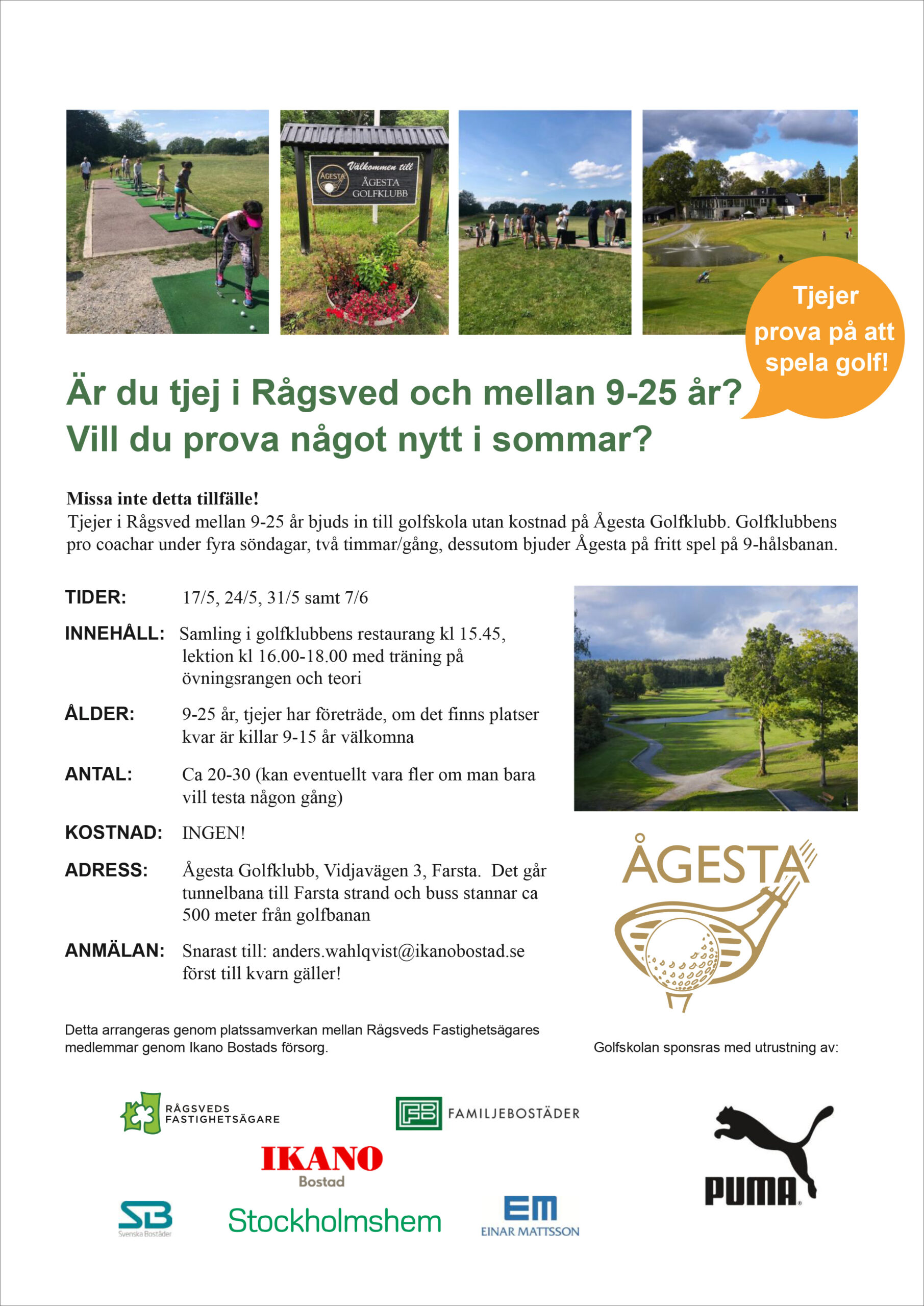 Inbjudan till kostnadsfri golfskola för tjejer i Rågsved.