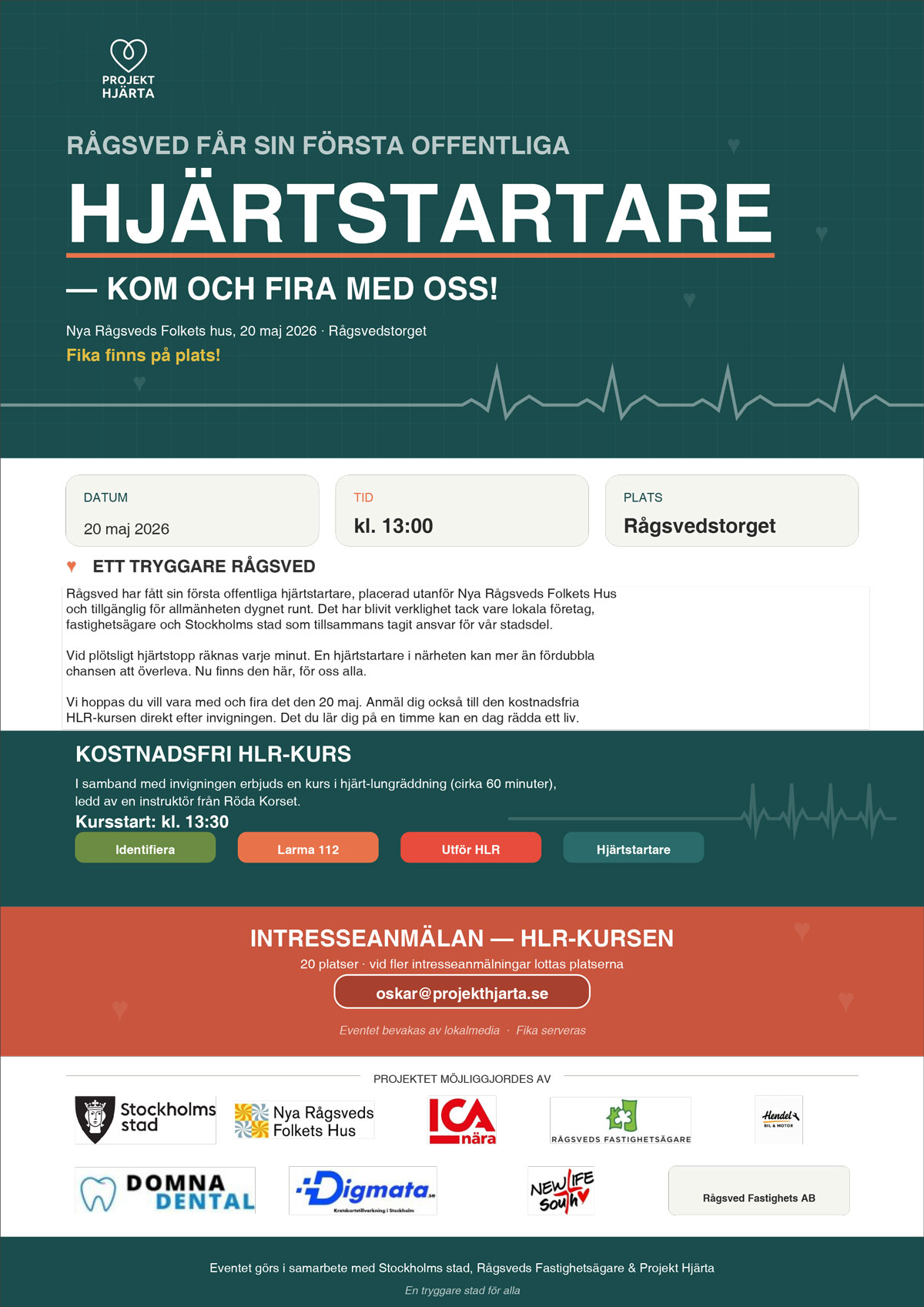 Rågsved får sin första offentliga hjärtstartare utanför Nya Rågsveds Folkets Hus.